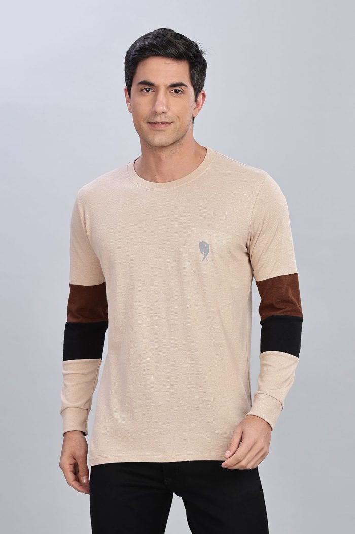 Cream Full Sleeve Round Neck T-Shirt